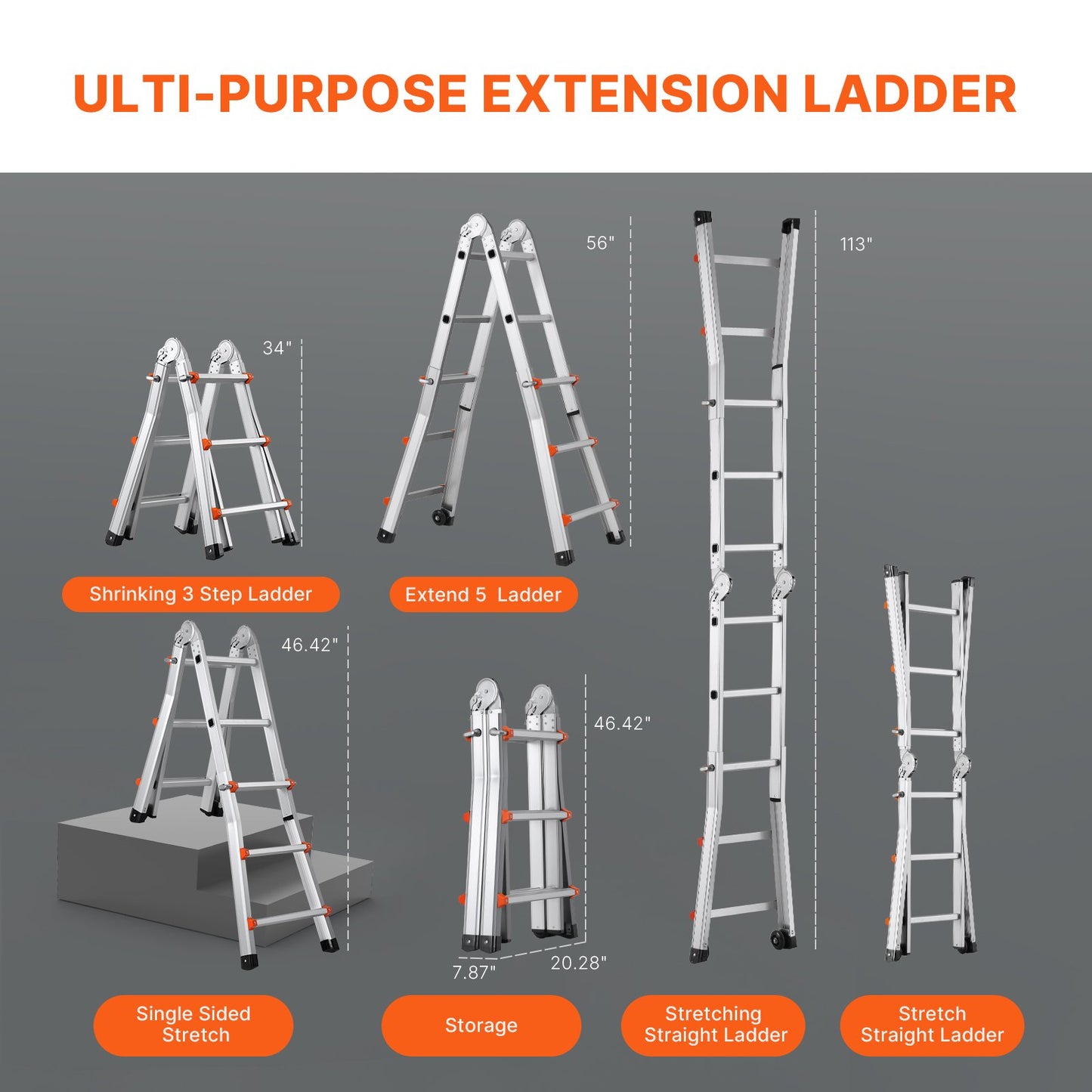 Telescoping Ladder A Frame, 9.5 FT Compact Aluminum Extension Ladder, Multi-Function Portable Collapsible RV Ladder, Telescopic Ladder for Homework Stairs Indoor Outdoor Roof, 330lb Load