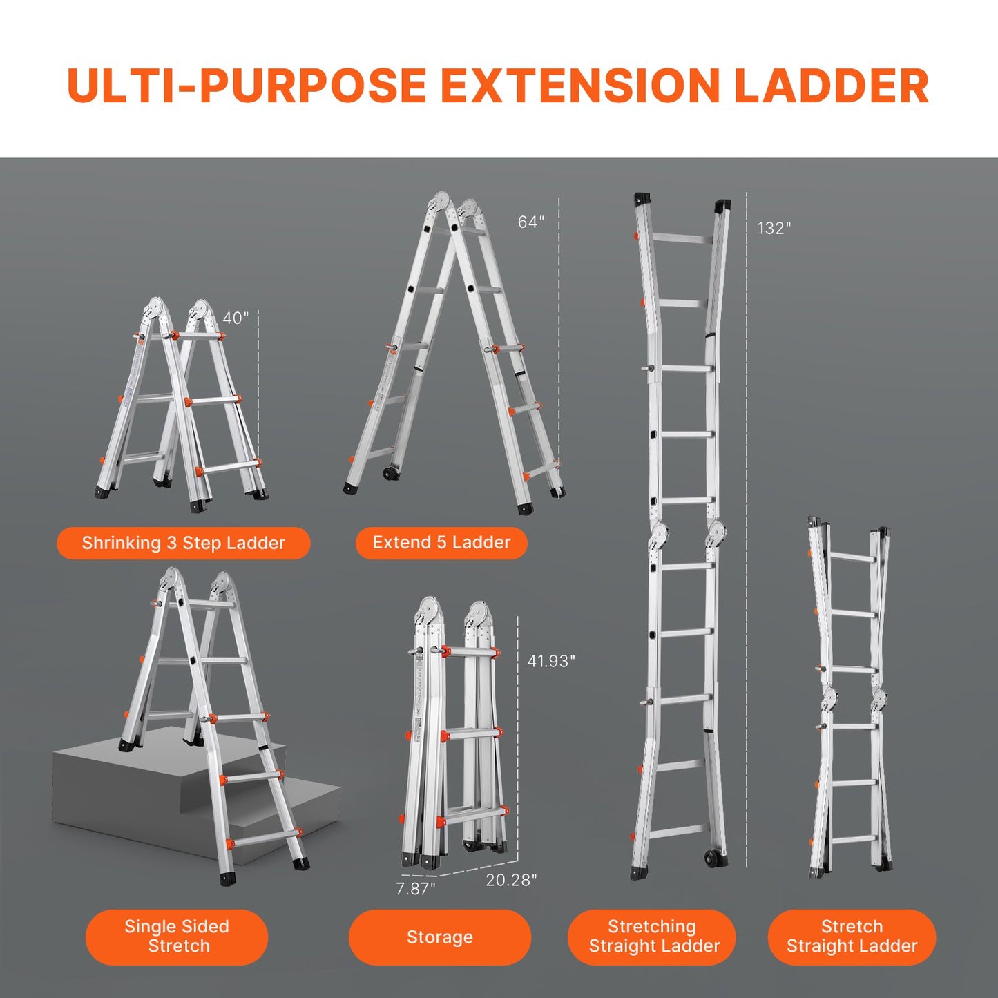 Telescoping Ladder A Frame, 11 FT Compact Aluminum Extension Ladder, Multi-Function Portable Collapsible RV Ladder, Telescopic Ladder for Homework Stairs Indoor Outdoor Roof, 330lb Load