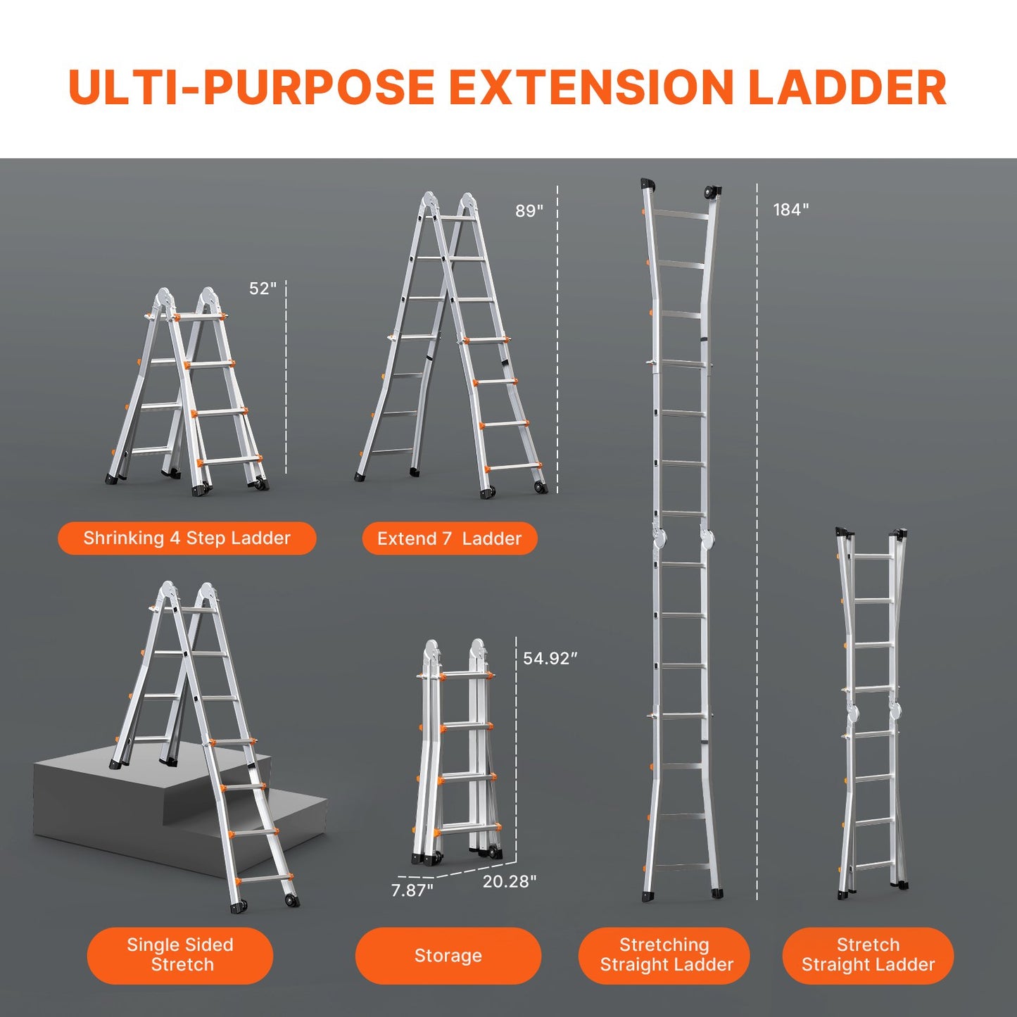 Telescoping Ladder A Frame, 15.5 FT Compact Aluminum Extension Ladder, Multi-Function Portable Collapsible RV Ladder, Telescopic Ladder for Homework Stairs Indoor Outdoor Roof, 330lb Load
