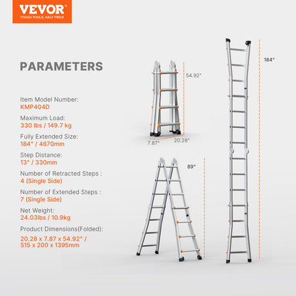 Telescoping Ladder A Frame, 15.5 FT Compact Aluminum Extension Ladder, Multi-Function Portable Collapsible RV Ladder, Telescopic Ladder for Homework Stairs Indoor Outdoor Roof, 330lb Load