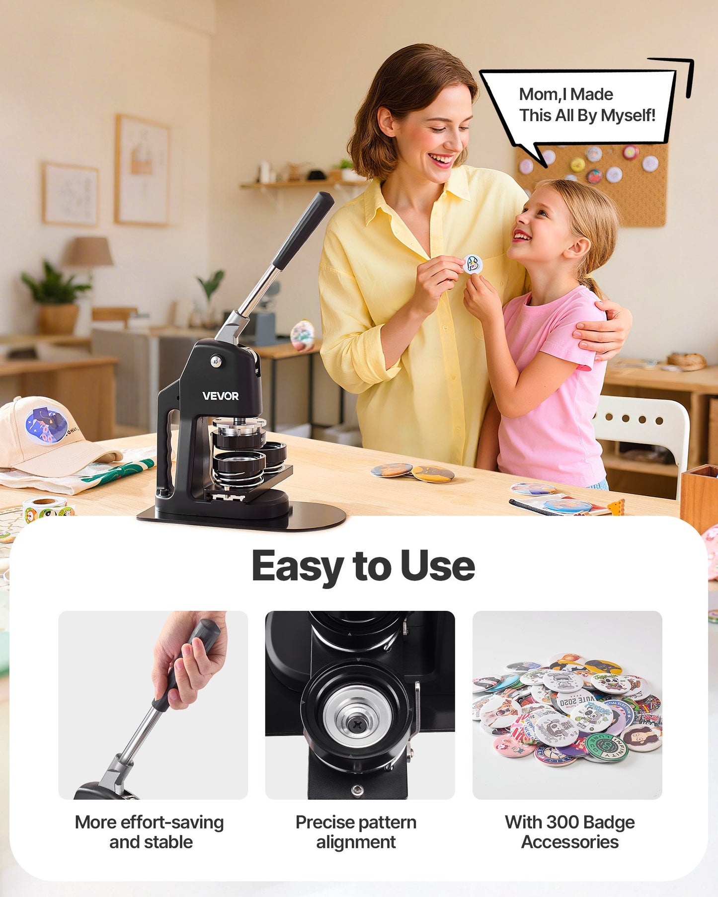 Button Maker Machine, 32/58/75 mm 3-in-1, Plastic Pin Maker with 300pcs Button Parts, Circle Cutter and Magic Book, Reinforced Ergonomic Handle, for DIY Badges, Personalized Pins, Black