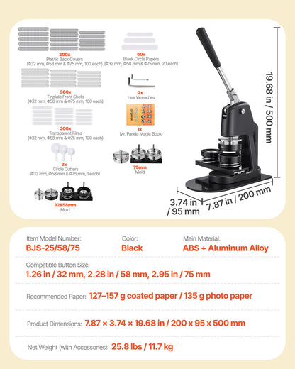 Button Maker Machine, 32/58/75 mm 3-in-1, Plastic Pin Maker with 300pcs Button Parts, Circle Cutter and Magic Book, Reinforced Ergonomic Handle, for DIY Badges, Personalized Pins, Black