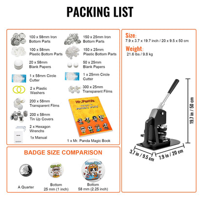Button Maker Machine, Multiple Sizes 1+2.25 Inch Badge Punch Press Kit, Children DIY Gifts Pin Maker, Button Making Supplies with 500pcs Button Parts & Circle Cutter & Magic Book