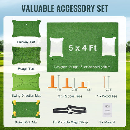 4 IN 1 Golf Hitting Mat, 5x4ft Artificial Turf Golf Hitting Mat, Thickened Golf Aids Includes 4 Interchangeable Inserts, Golf Practice Mat for Backyard Driving Chipping Indoor Outdoor Training