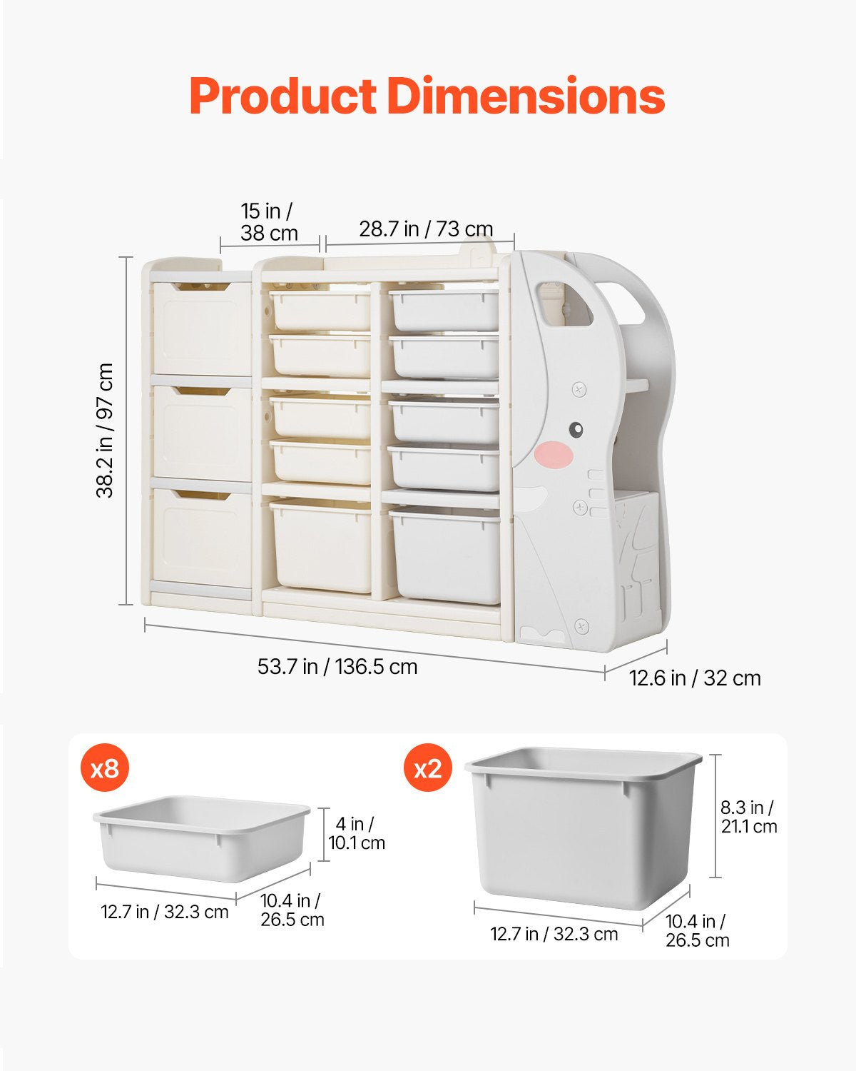 Förvaring av leksaksmaterial för barn, elefantformad leksaksorganisatör med 4 våningar och 10 flyttbara plastlådor, barnskåp tillverkat av HDPE för studierum, sovrum, lekrum, klassrum, barnrum, grå + beige