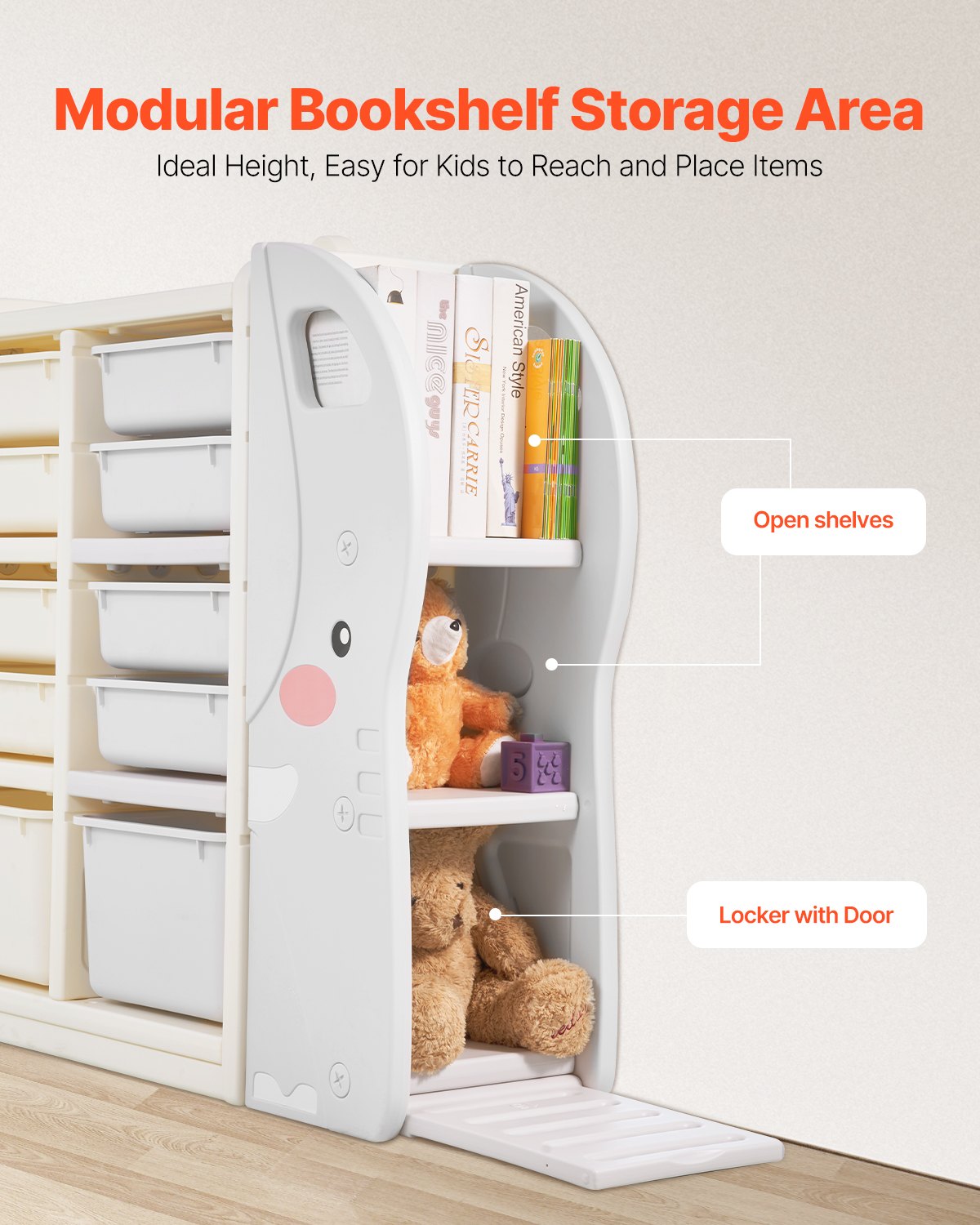 Förvaring av leksaksmaterial för barn, elefantformad leksaksorganisatör med 4 våningar och 10 flyttbara plastlådor, barnskåp tillverkat av HDPE för studierum, sovrum, lekrum, klassrum, barnrum, grå + beige