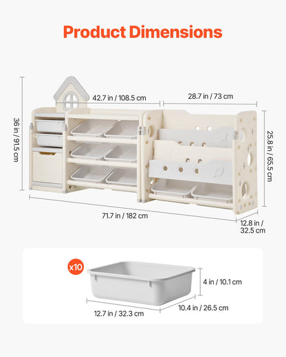 Leksaksförvaring med bokhylla för barn, leksaksorganisatör med 4 våningar och 10 flyttbara plastlådor, barnskåp med bokhylla för studierum, sovrum, lekrum, klassrum, barnrum, grå + beige