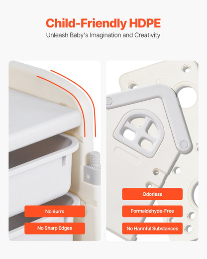 Leksaksförvaring med bokhylla för barn, leksaksorganisatör med 4 våningar och 10 flyttbara plastlådor, barnskåp med bokhylla för studierum, sovrum, lekrum, klassrum, barnrum, grå + beige