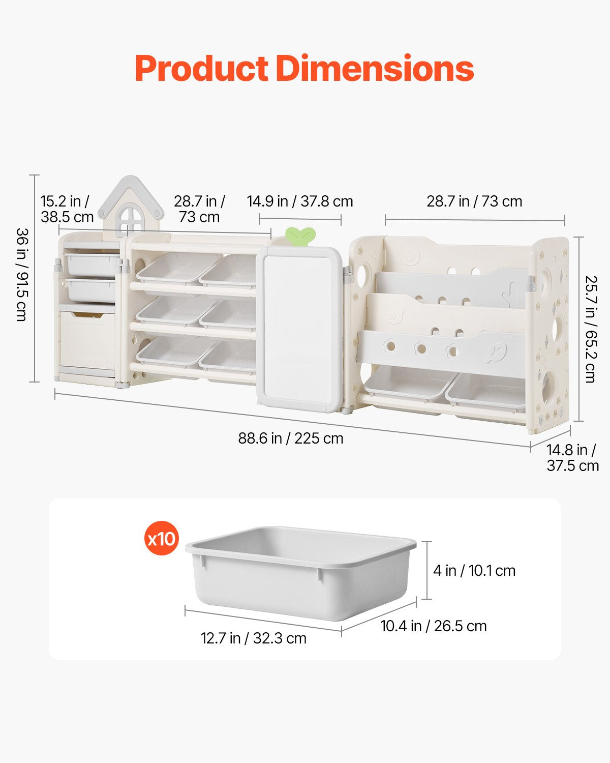 Leksaksförvaring med bokhylla, stor leksaksorganisatör med 4 våningar och 10 flyttbara plastlådor, barnskåp med bokhylla och ritbräda för studierum, lekrum, klassrum, barnrum