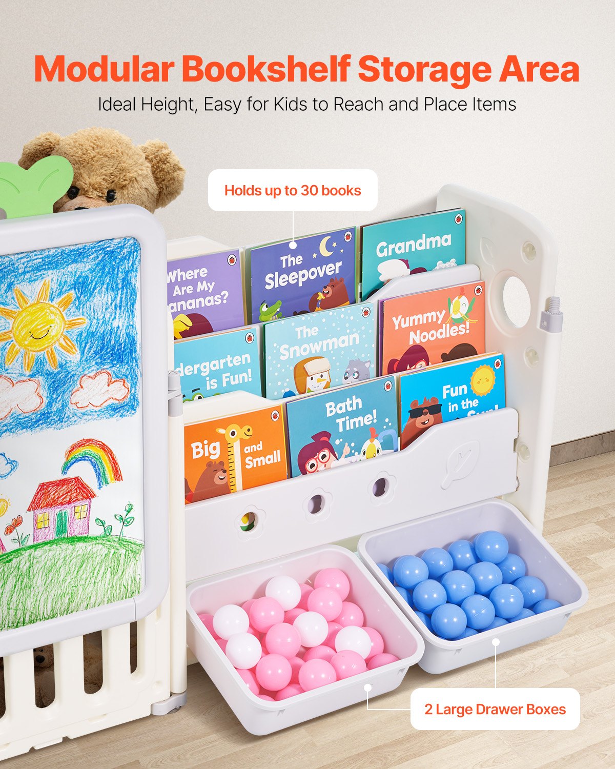 Leksaksförvaring med bokhylla, stor leksaksorganisatör med 4 våningar och 10 flyttbara plastlådor, barnskåp med bokhylla och ritbräda för studierum, lekrum, klassrum, barnrum