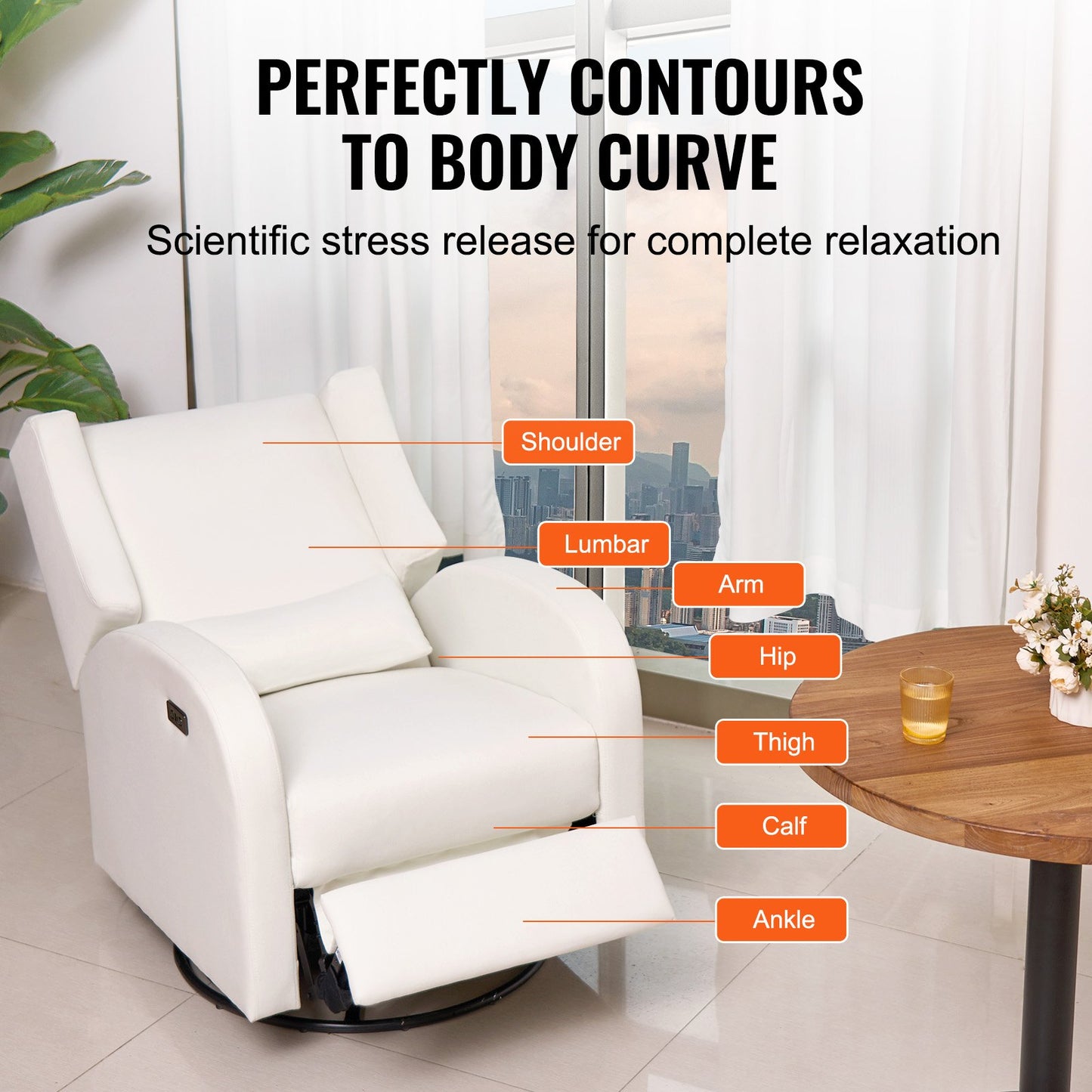Elektronisk fåtölj med justerbar vinkel och vridbar glidfåtölj, 113,4 kg viktkapacitet, svängbar glidfåtölj med justerbar vinkel, polyesteryta för vardagsrum, sovrum, benvit