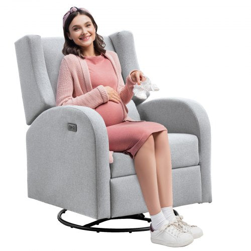 Electronic Power Recliner and Swivel Glider, 113.4 kg Weight Capacity Swivel Glider Recliner Chair with Adjustable Angle, Polyester Surface Recliner Rocker for Living Room, Bedroom, Light Gray
