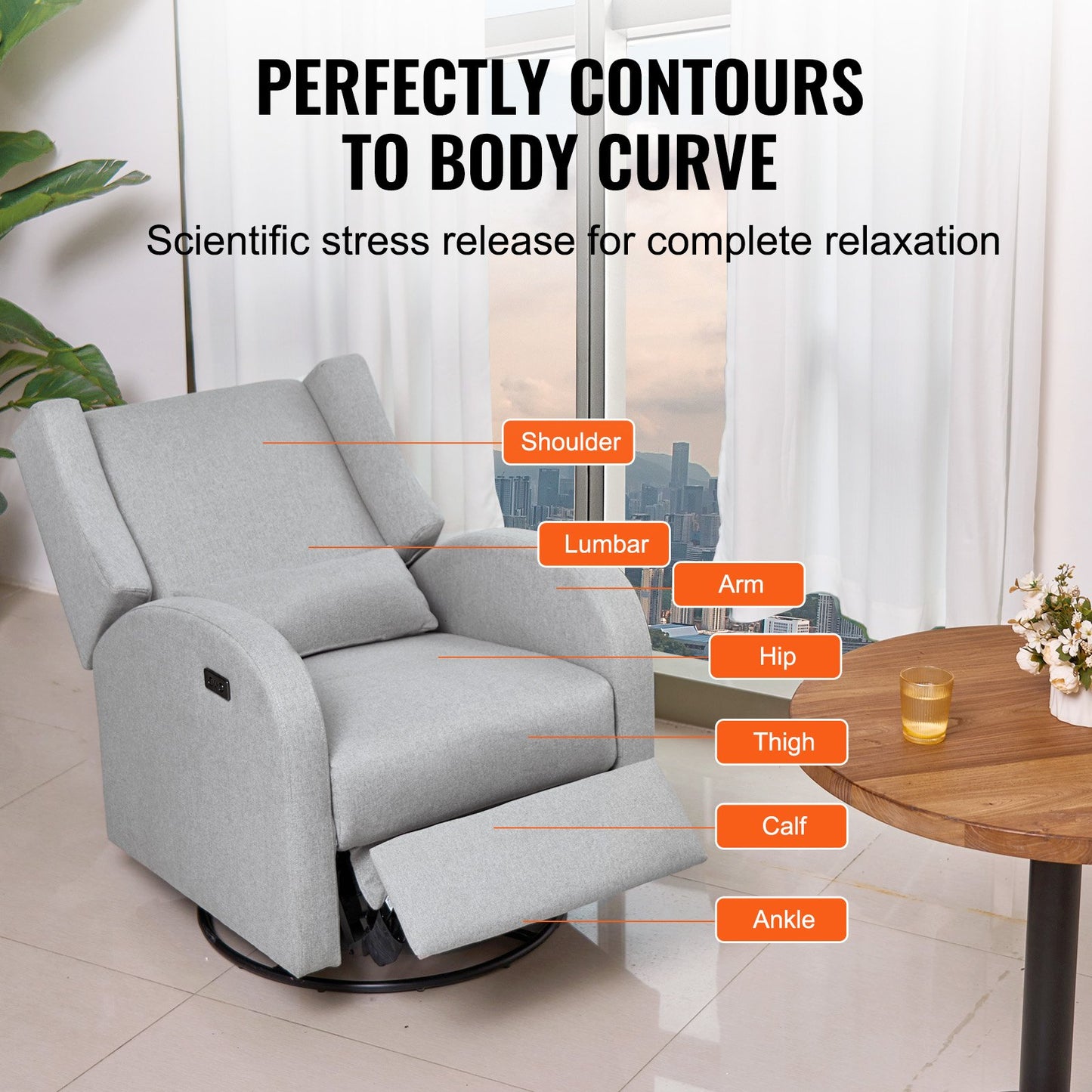 Electronic Power Recliner and Swivel Glider, 113.4 kg Weight Capacity Swivel Glider Recliner Chair with Adjustable Angle, Polyester Surface Recliner Rocker for Living Room, Bedroom, Light Gray