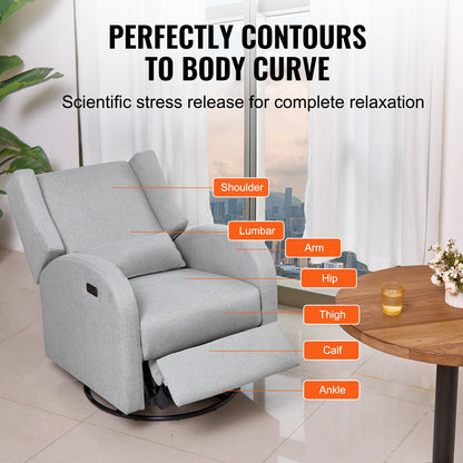 Electronic Power Recliner and Swivel Glider, 113.4 kg Weight Capacity Swivel Glider Recliner Chair with Adjustable Angle, Polyester Surface Recliner Rocker for Living Room, Bedroom, Light Gray