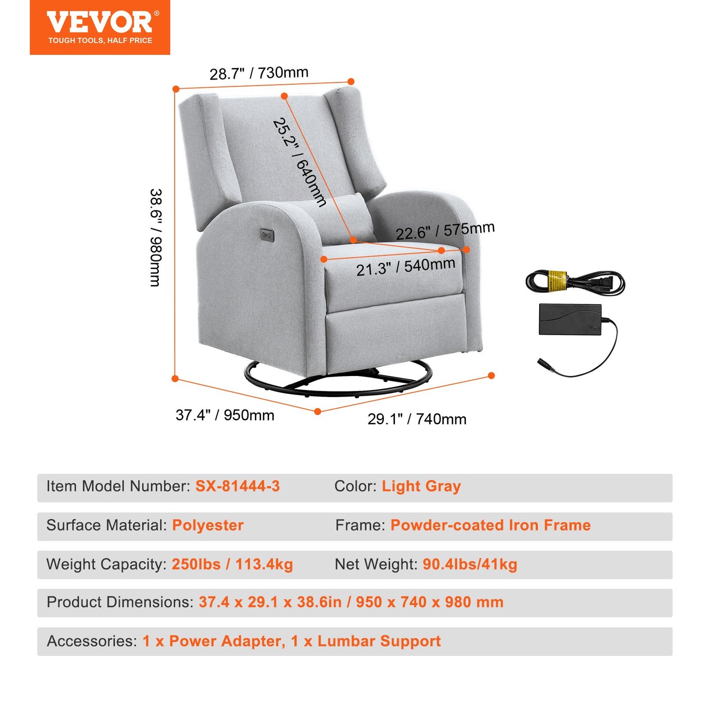 Electronic Power Recliner and Swivel Glider, 113.4 kg Weight Capacity Swivel Glider Recliner Chair with Adjustable Angle, Polyester Surface Recliner Rocker for Living Room, Bedroom, Light Gray