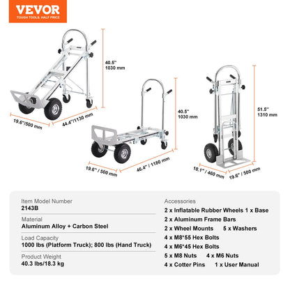 Aluminum Hand Truck, 4 in 1, 453.6 kg Load Capacity, Heavy Duty Industrial Convertible Folding Hand Truck and Dolly, Utility Cart Converts from Hand Truck to Platform Cart with Rubber Wheels