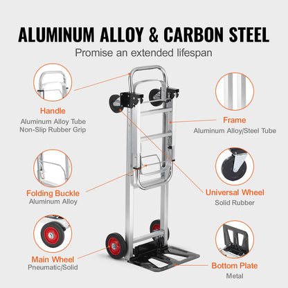 Aluminum Hand Truck, 2 in 1, 181.4 kg Load Capacity, Heavy Duty Industrial Convertible Folding Hand Truck and Dolly, Utility Cart Converts from Hand Truck to Platform Cart with Rubber Wheels