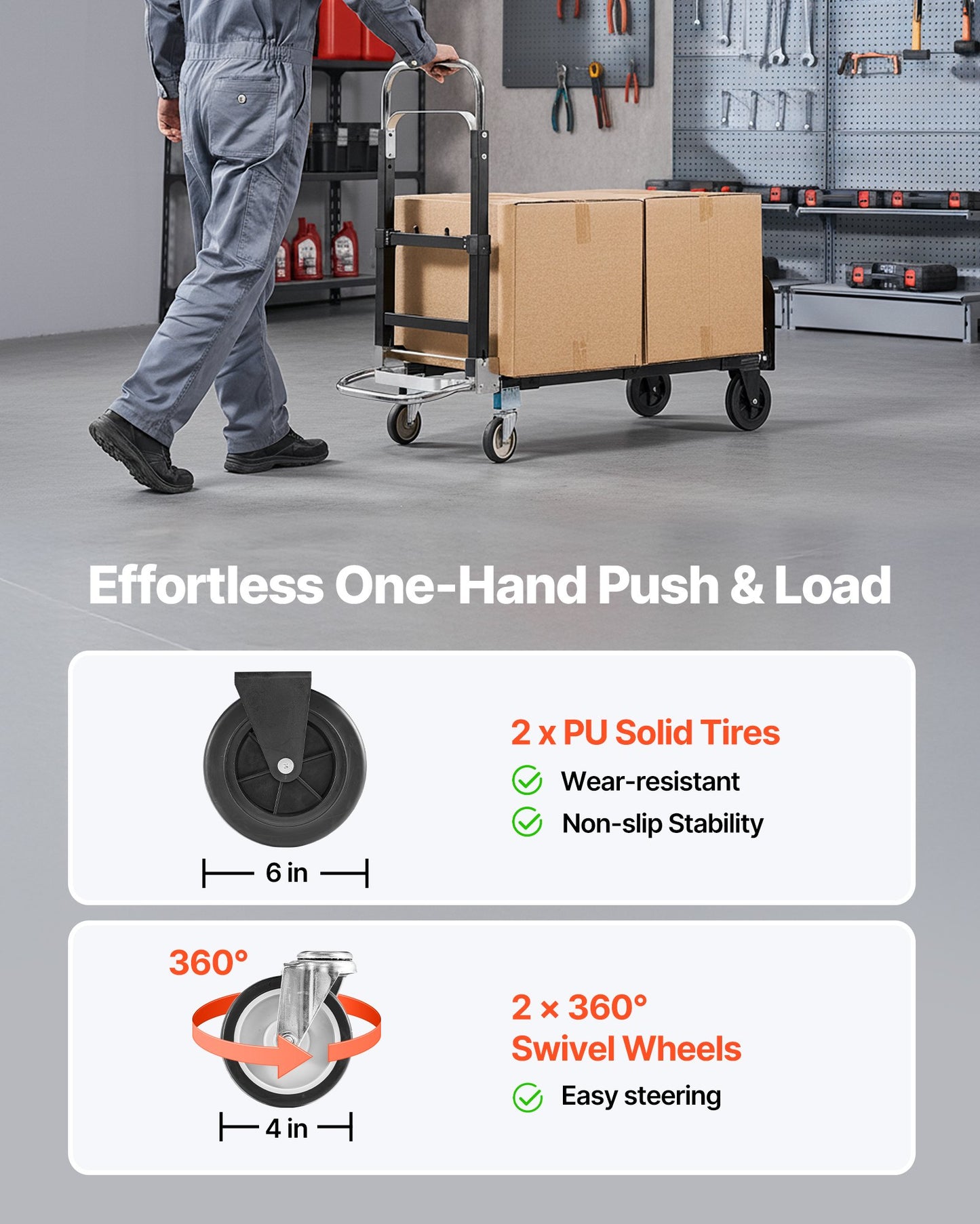 2 in 1 Folding Hand Truck, 226.9 kg Load Capacity for 4-Wheel Mode, Convertible Hand Truck Dolly with Wheels & Adjustable Handle, Portable Trolley Dolly for Moving Home, Office, Warehouse