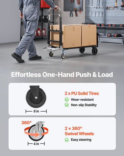 2 in 1 Folding Hand Truck, 226.9 kg Load Capacity for 4-Wheel Mode, Convertible Hand Truck Dolly with Wheels & Adjustable Handle, Portable Trolley Dolly for Moving Home, Office, Warehouse