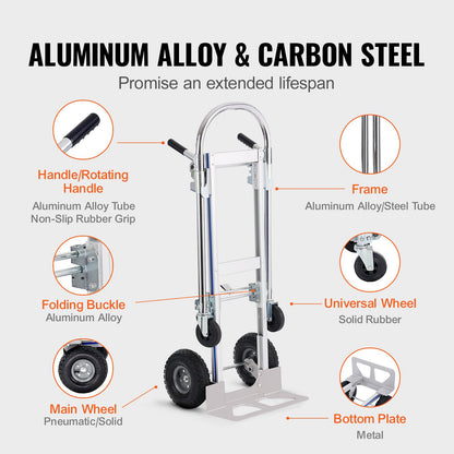 Aluminum Hand Truck, 2 in 1, 362.9 kg Load Capacity, Heavy Duty Industrial Convertible Folding Hand Truck and Dolly, Utility Cart Converts from Hand Truck to Platform Cart with Rubber Wheels