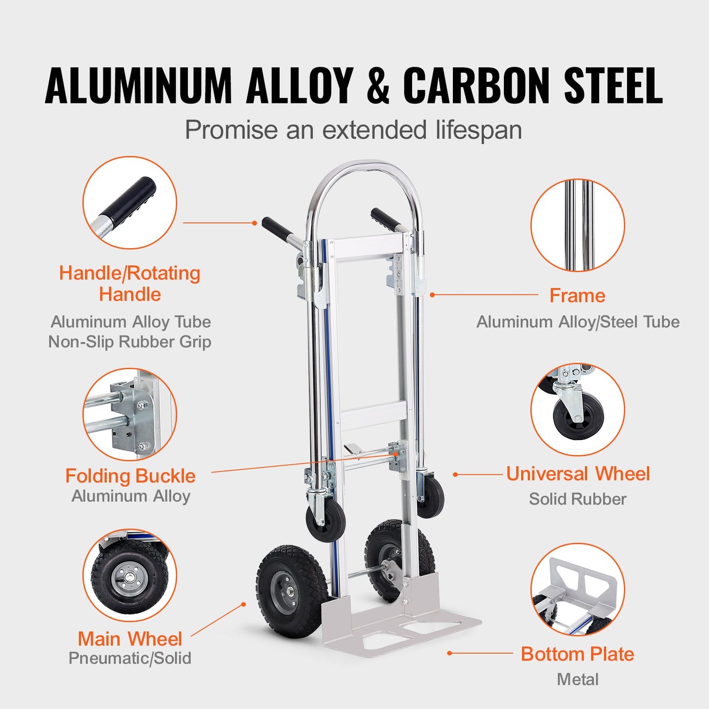 Aluminum Hand Truck, 2 in 1, 362.9 kg Load Capacity, Heavy Duty Industrial Convertible Folding Hand Truck and Dolly, Utility Cart Converts from Hand Truck to Platform Cart with Rubber Wheels