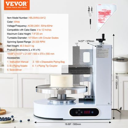 Cake Decorating Machine, Cake Cream Spreading Coating Smearing Machine, Low Noise Cake Frosting Machine, Turntable with Adjustable Scraper, for 4" to 12" Cake, 25-320RPM Rotating Speed, White
