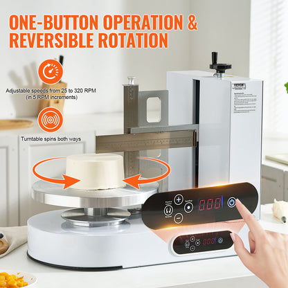 Cake Decorating Machine, Cake Cream Spreading Coating Smearing Machine, Low Noise Cake Frosting Machine, Turntable with Adjustable Scraper, for 6" to 14" Cake, 25-320RPM Rotating Speed, White