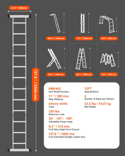 Multi-Purpose Folding Ladder, 7-in-1 Tall Step Ladder, A Frame 3 Step Adjustable Telescoping Ladder, 12ft Reach Height Heavy Duty Extension Ladder, 330 lbs Capacity for Household Outdoor Work