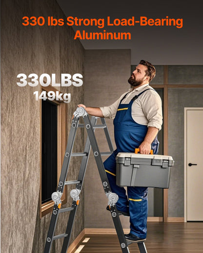 Hopfällbar stege för flera ändamål, 7-i-1 hög förlängningsstege, teleskopstege med A-ram och 3 steg med ställningsplanka, kraftig stege med räckvidd 12 fot, 136 kg kapacitet för hemmabruk och utomhusbruk