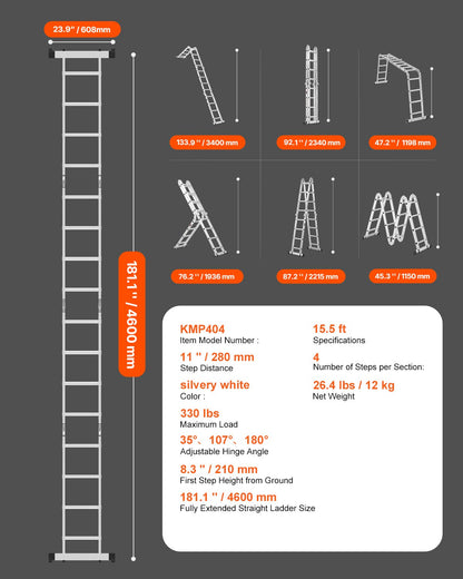 Hopfällbar stege för flera ändamål, 7-i-1 hög förlängningsstege, teleskopstege med A-ram och 4 steg, justerbar stege med räckvidd på 15,5 fot, 15,5 fot, kapacitet 330 lbs för hemmabruk och utomhusbruk