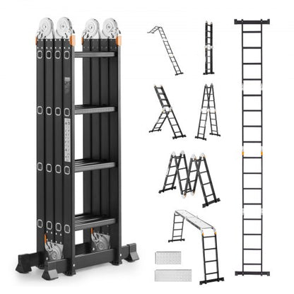 Multi-Purpose Folding Ladder, 7-in-1 Tall Extension Step Ladder, A Frame 4 Step with Scaffolding Plank Telescoping Ladder, 15.5ft Reach Height Heavy Duty , 330 lbs Capacity for Home Outdoor