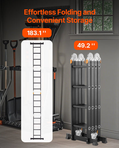 Multi-Purpose Folding Ladder, 7-in-1 Tall Extension Step Ladder, A Frame 4 Step with Scaffolding Plank Telescoping Ladder, 15.5ft Reach Height Heavy Duty , 330 lbs Capacity for Home Outdoor