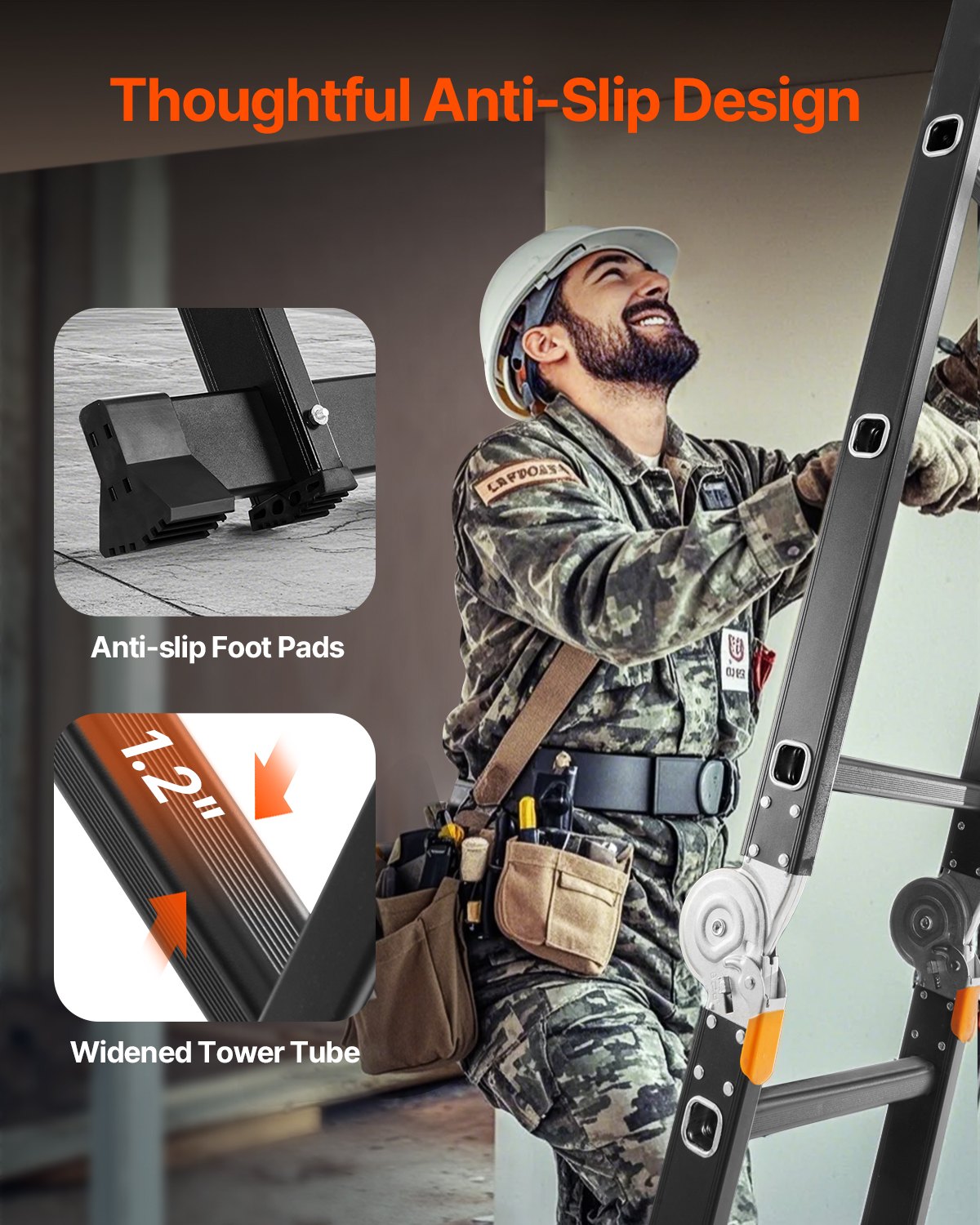 Multi-Purpose Folding Ladder, 7-in-1 Tall Extension Step Ladder, A Frame 4 Step with Scaffolding Plank Telescoping Ladder, 15.5ft Reach Height Heavy Duty , 330 lbs Capacity for Home Outdoor