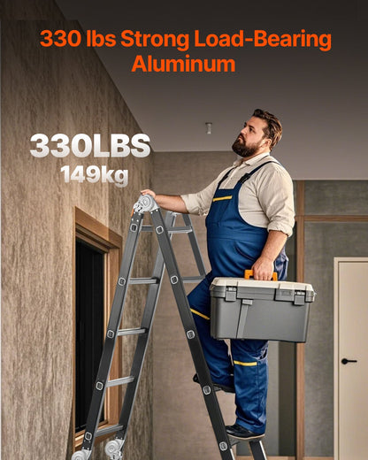 Multi-Purpose Folding Ladder, 7-in-1 Tall Extension Step Ladder, A Frame 5 Step Telescoping Ladder, 19ft Reach Height Heavy Duty Adjustable Ladder, 330 lbs Capacity for Home Outdoor
