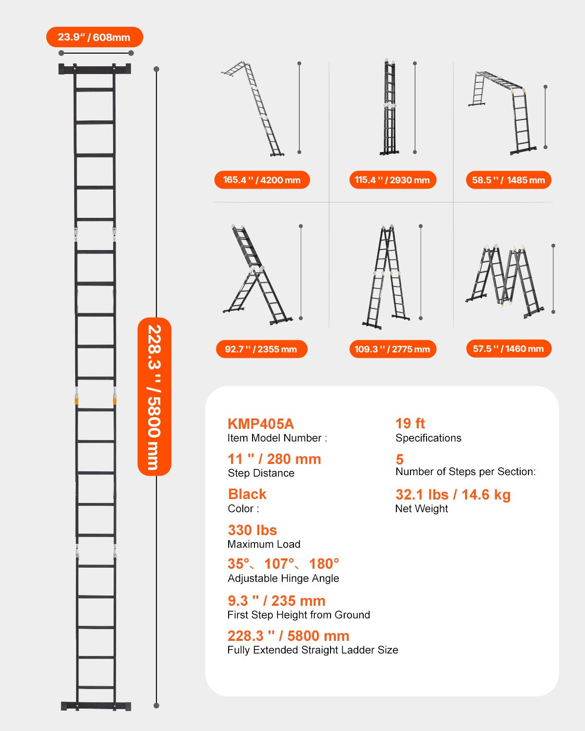 Multi-Purpose Folding Ladder, 7-in-1 Tall Extension Step Ladder, A Frame 5 Step Telescoping Ladder, 19ft Reach Height Heavy Duty Adjustable Ladder, 330 lbs Capacity for Home Outdoor