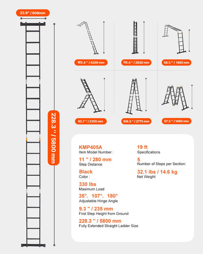 Multi-Purpose Folding Ladder, 7-in-1 Tall Extension Step Ladder, A Frame 5 Step Telescoping Ladder, 19ft Reach Height Heavy Duty Adjustable Ladder, 330 lbs Capacity for Home Outdoor