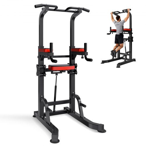 Pull Up Bar, 150kg Power Tower Dip Station, Workout Dip Station with H-Shaped Stable Base & Assistance Platform, Adjustable 9 Level Height Pullup Stand for Back, 3-Level Adjustable Elbow Pads