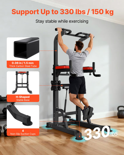 Pull Up Bar, 150kg Power Tower Dip Station, Workout Dip Station with H-Shaped Stable Base & Assistance Platform, Adjustable 9 Level Height Pullup Stand for Back, 3-Level Adjustable Elbow Pads