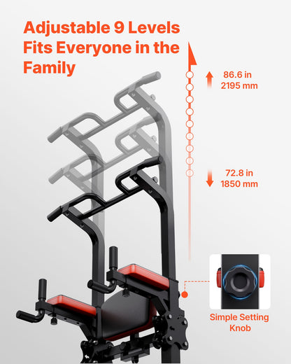 Pull Up Bar, 150kg Power Tower Dip Station, Workout Dip Station with H-Shaped Stable Base & Assistance Platform, Adjustable 9 Level Height Pullup Stand for Back, 3-Level Adjustable Elbow Pads