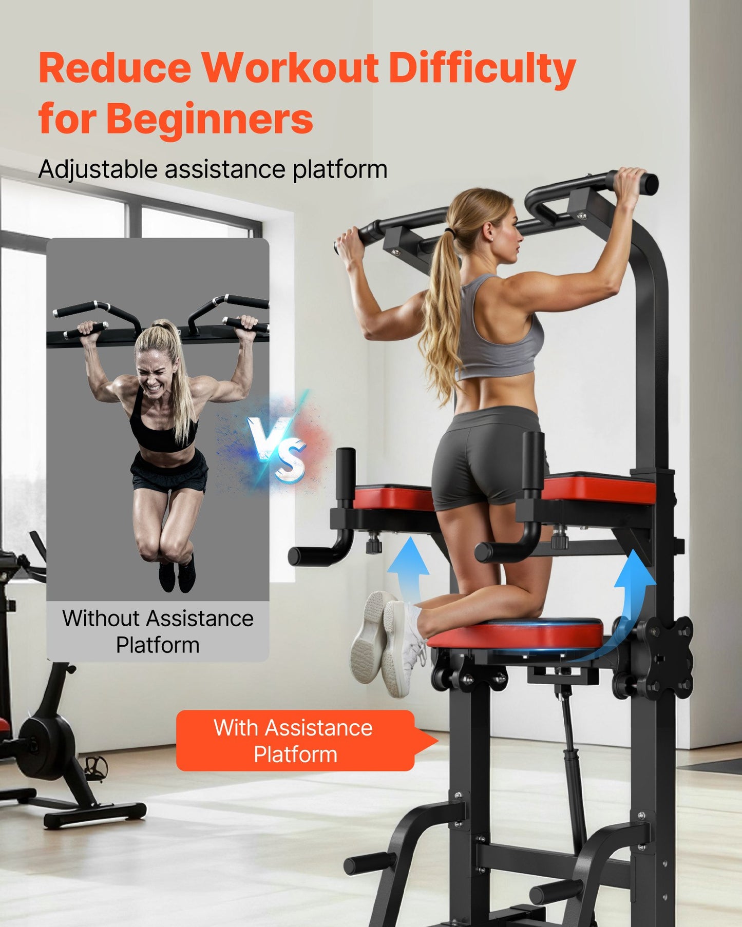 Pull Up Bar, 150kg Power Tower Dip Station, Workout Dip Station with H-Shaped Stable Base & Assistance Platform, Adjustable 9 Level Height Pullup Stand for Back, 3-Level Adjustable Elbow Pads