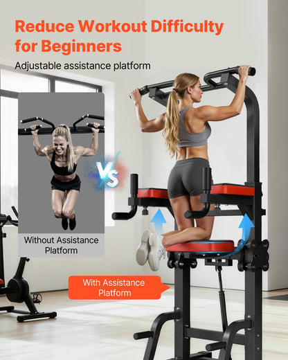 Pull Up Bar, 150kg Power Tower Dip Station, Workout Dip Station with H-Shaped Stable Base & Assistance Platform, Adjustable 9 Level Height Pullup Stand for Back, 3-Level Adjustable Elbow Pads
