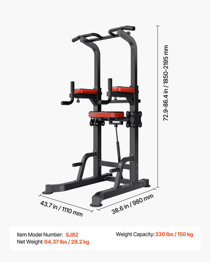Pull Up Bar, 150kg Power Tower Dip Station, Workout Dip Station with H-Shaped Stable Base & Assistance Platform, Adjustable 9 Level Height Pullup Stand for Back, 3-Level Adjustable Elbow Pads