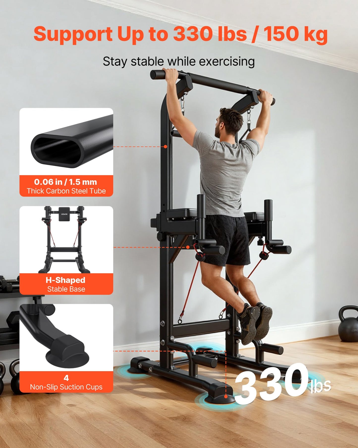 Pull Up Bar, 150kg Power Tower Dip Station, Workout Dip Station with H-Shaped Stable Base & Back Pad, Adjustable 12 Level Height Free Standing Chin Up Bar for Back, 4-Level Adjustable Back Pad