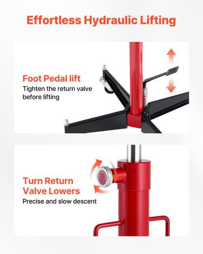 Hydraulisk domkraft, 1100 lbs / 0,5 ton lyftkapacitet Teleskopisk domkraft med fotpedal, 360° svängbart hjul, 112-187 cm hög lyfthöjd, lyftanordning för garage/verkstad