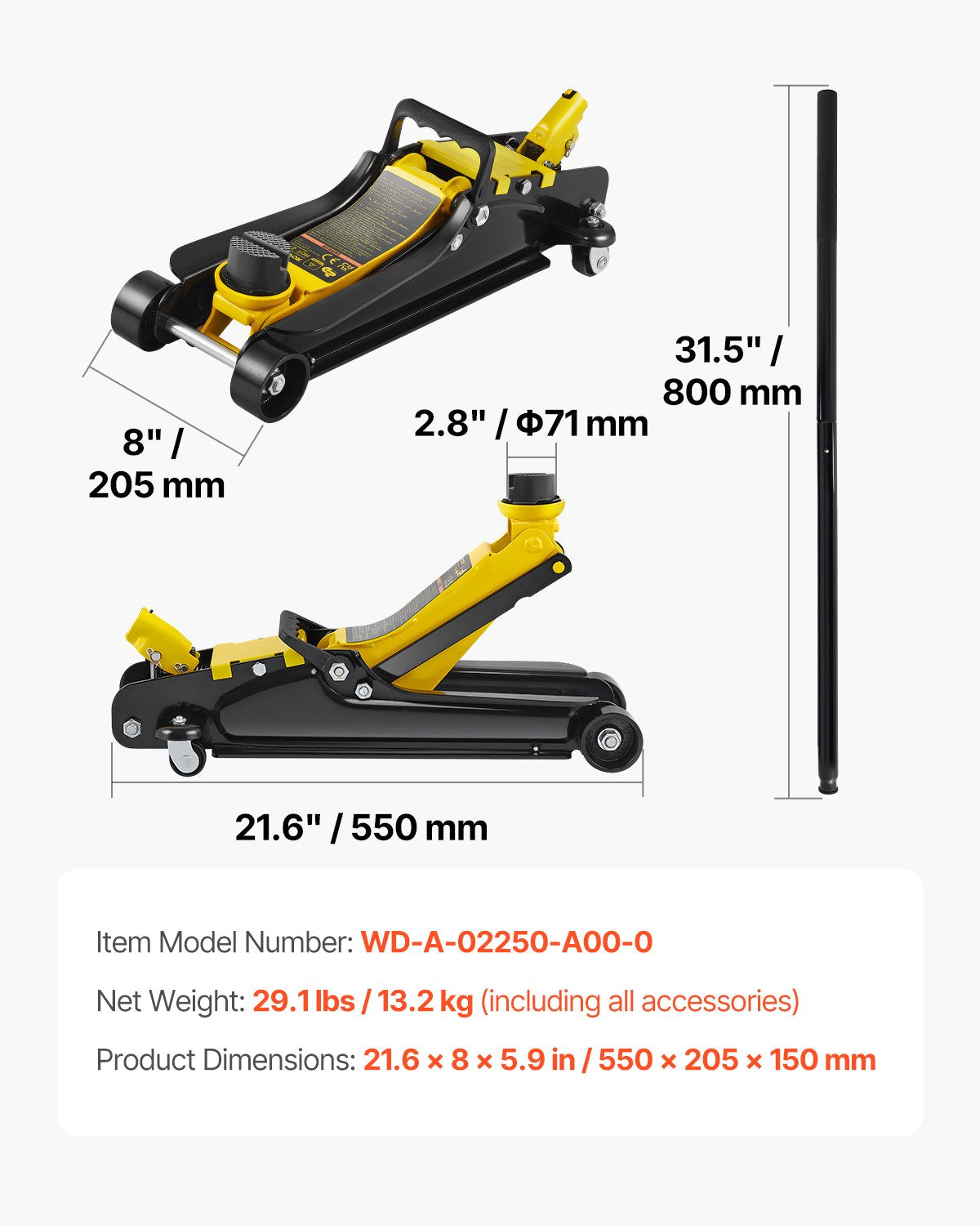 Floor Jack, 2.5 Ton Low Profile Floor Jack, Heavy-duty Steel Racing Floor Jack With Single Piston Lift Pump, Floor Jack Lifting Range 85 mm-380 mm