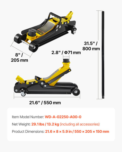 Floor Jack, 2.5 Ton Low Profile Floor Jack, Heavy-duty Steel Racing Floor Jack With Single Piston Lift Pump, Floor Jack Lifting Range 85 mm-380 mm