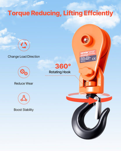 2 Ton Snatch Block with Swivel Hook, 3" Sheave 3/8" Inch Wire Rope, Heavy Duty Snatch Block Pulley 4400 lbs for Towing and Recovery operations on Tow Truck Rollback Wrecker Car Hauler Winches