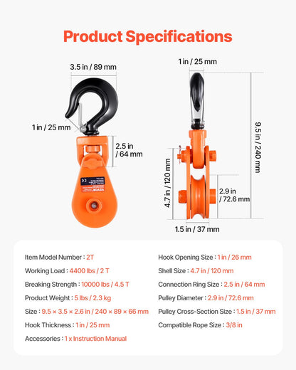 2 tons ryckblock med svängbar krok, 3" skiva 3/8" stålvajer, kraftig ryckblockremskiva 4400 lbs för bogsering och bärgning på bärgningsbilar, vinschar för lossningsbilar