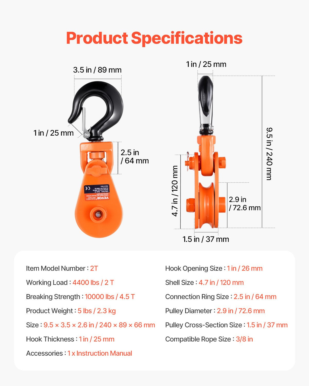 2 Ton Snatch Block with Swivel Hook, 3" Sheave 3/8" Inch Wire Rope, Heavy Duty Snatch Block Pulley 4400 lbs for Towing and Recovery operations on Tow Truck Rollback Wrecker Car Hauler Winches
