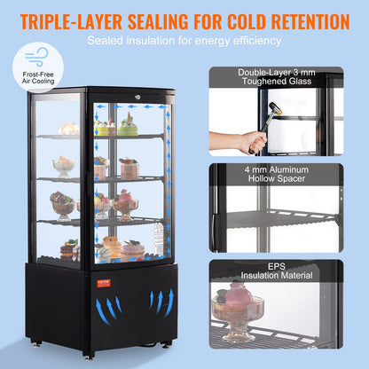 Refrigerated Display Case, 3 Cu.Ft/85L, 3-Tier, Countertop Pastry Display Case Commercial Display Refrigerator with LED Lighting, TURBO Cooling, Frost-Free Air-Cooling, Locked Door for Bakery